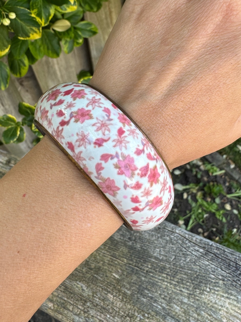 Pink Floral and White Brass Metal Wide Bangle Bracelet